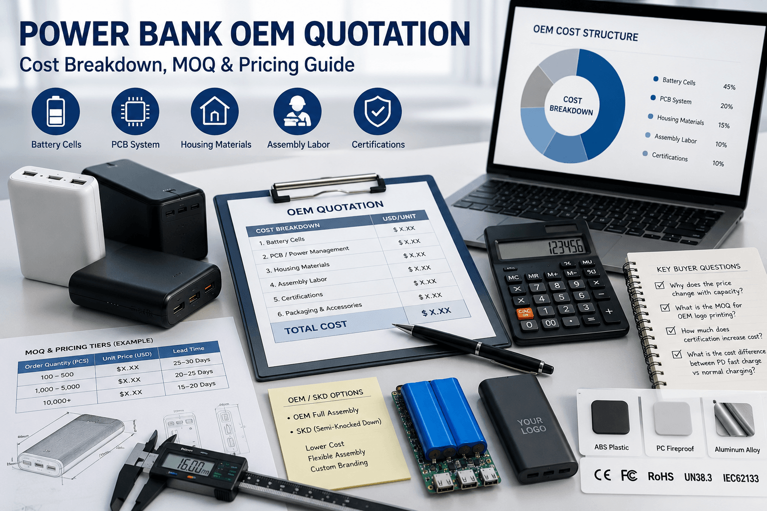 Cómo se calcula el presupuesto para un fabricante de baterías portátiles (OEM): desglose de costos, cantidad mínima de pedido (MOQ) y guía de precios.