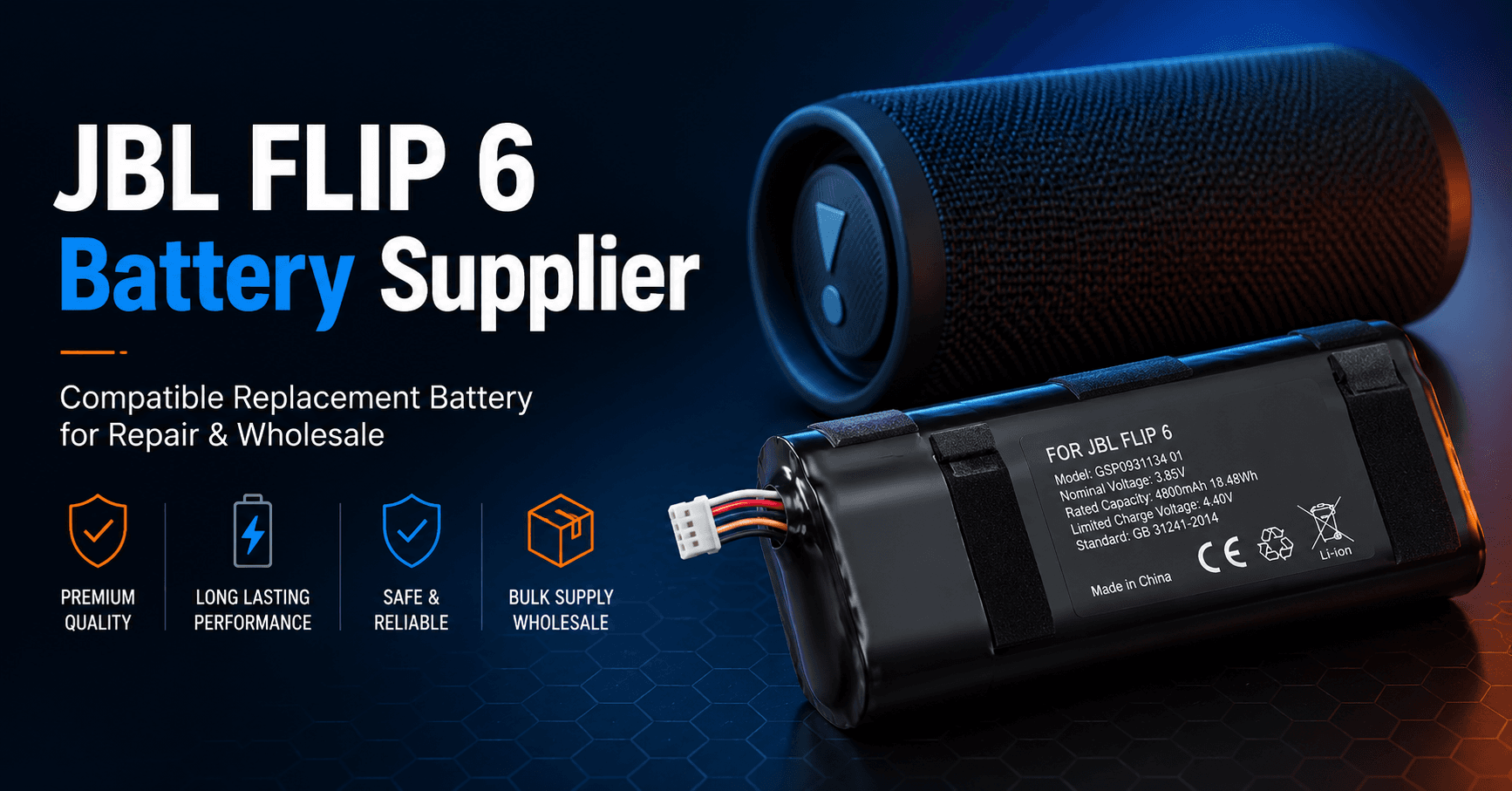 Fournisseur de batteries JBL Flip 6 pour la réparation, la remise à neuf et la vente en gros d'enceintes.