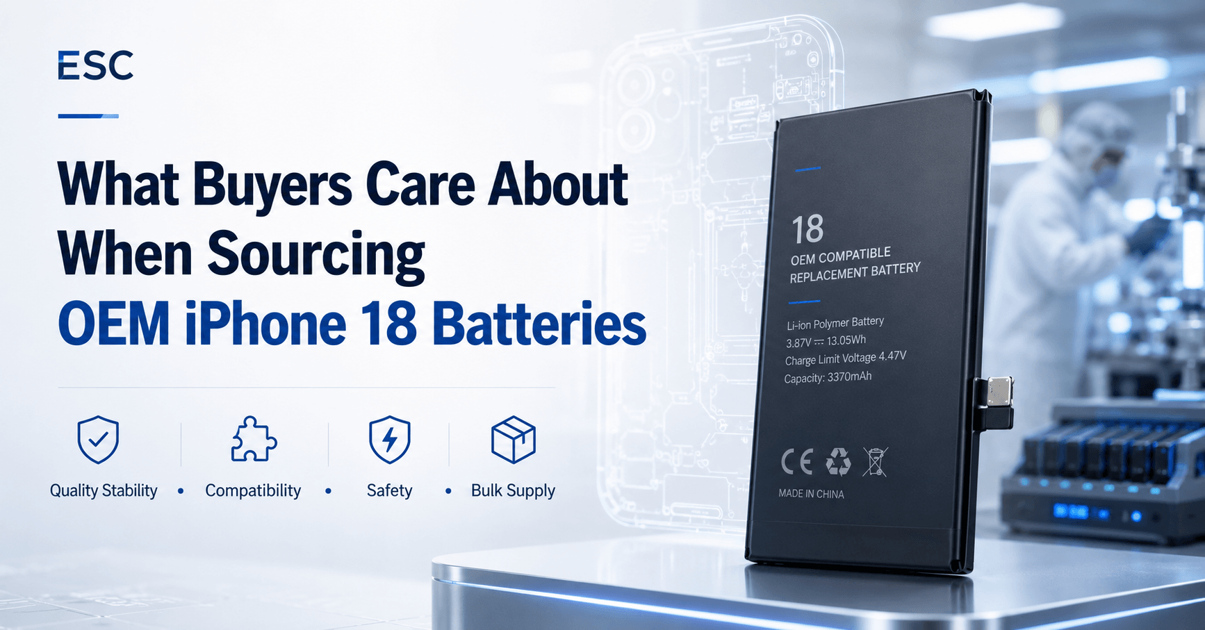 Usine de batteries OEM pour iPhone 18 destinée à la réparation, au reconditionnement et à la vente en gros.